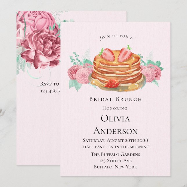 Invitación a un brunch pancake de rosa y menta de  (Anverso / Reverso)