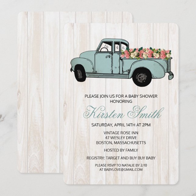 Invitación a un camión de Baby Shower con flores r (Anverso / Reverso)