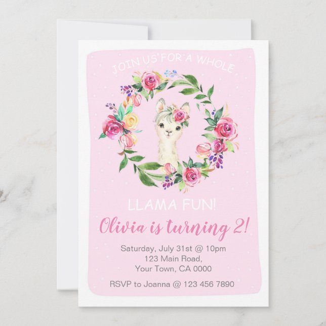 Invitación a un Chica por cumpleaños a Llama (Anverso)