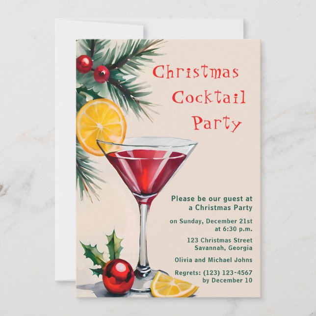 Invitación a un cóctel de navidades Watercolor (Anverso)