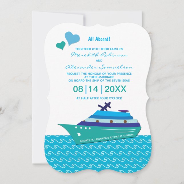 Invitación a un crucero Boda Blue Hearts (Anverso)