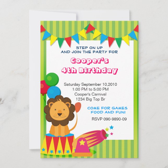 Invitación a un cumpleaños de Circus Lion (Anverso)
