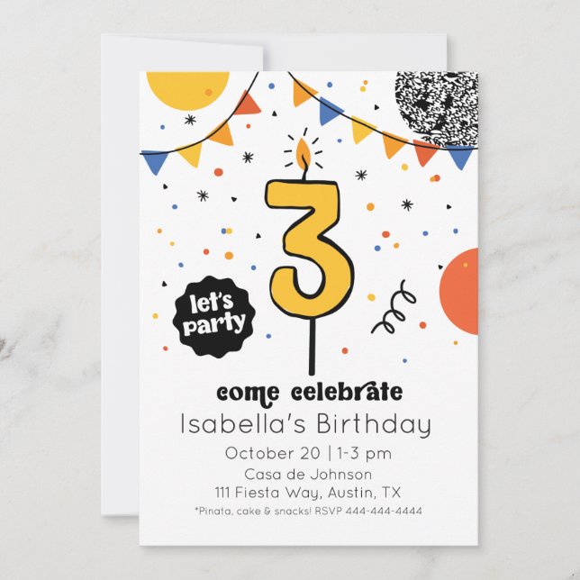 Invitación a un doodle de velas de tercer cumpleañ (Anverso)