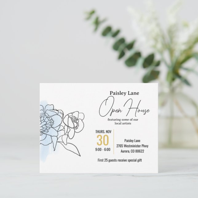 Invitación a un evento azul para una casa abierta  (Anverso de pie)