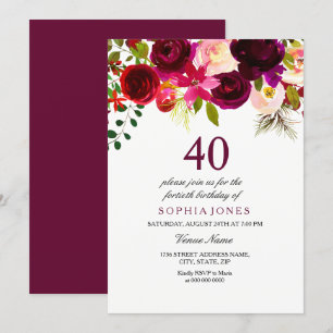 Invitación a un Fiesta de Borgoña Floral Boho 40 c