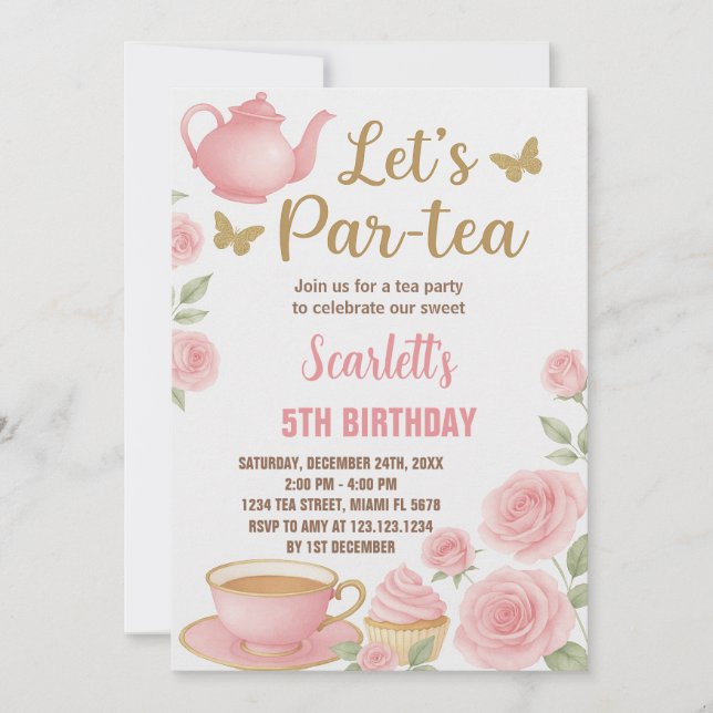 Invitación a un Fiesta de té de un Chica editable (Anverso)