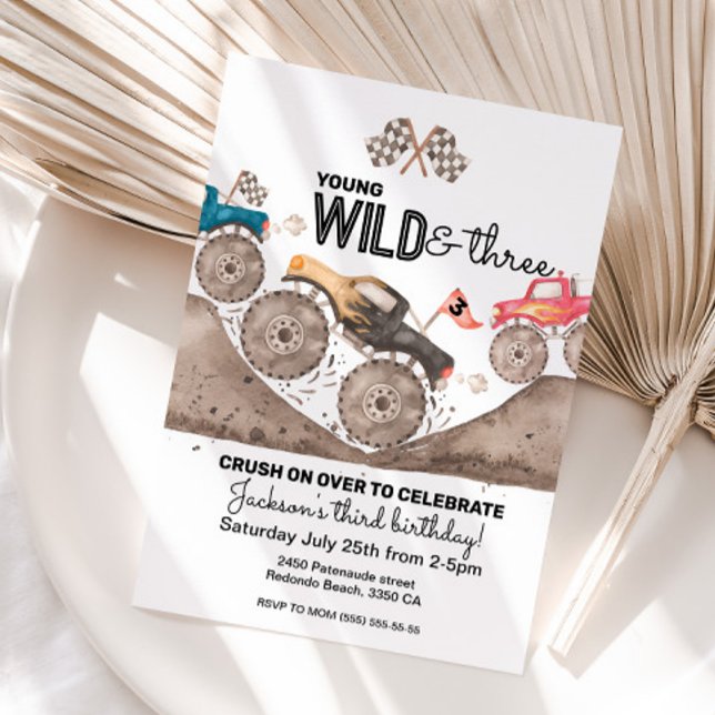 Invitación a un joven monstruo salvaje de tres cum (Young Wild and Three Monster truck invitation, third birthday)