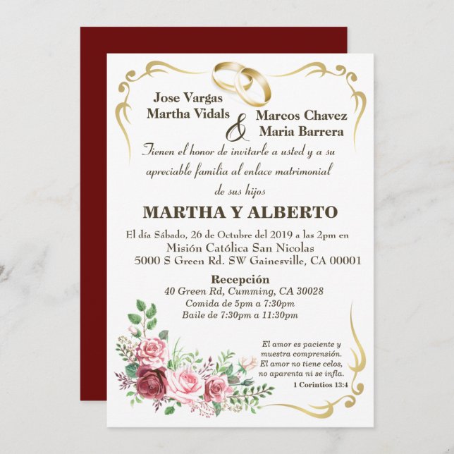 Invitación a un marco dorado moderno con flores de (Anverso / Reverso)
