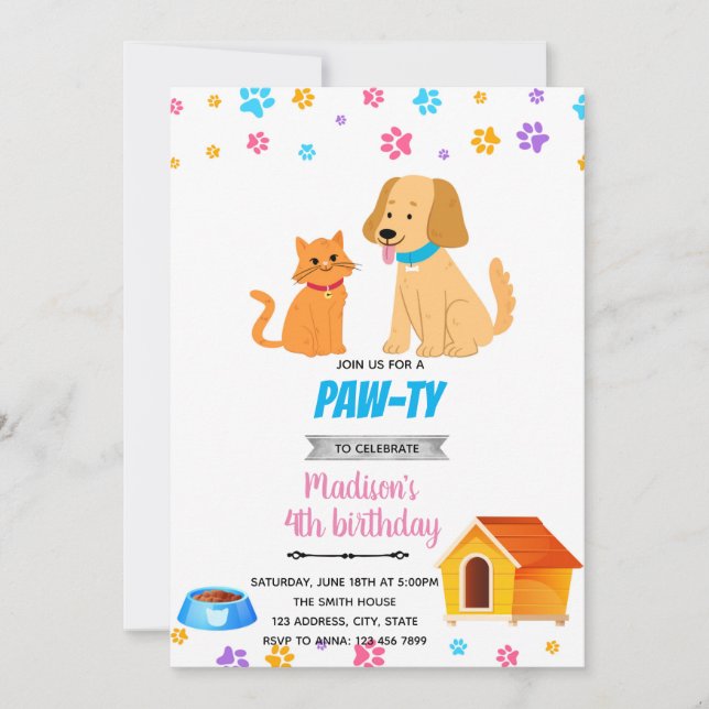 Invitación a un mascota de perros y gatos (Anverso)