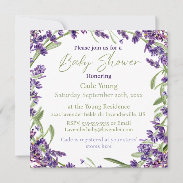 Invitación a un monograma Baby Shower de Lavanda P (Anverso)