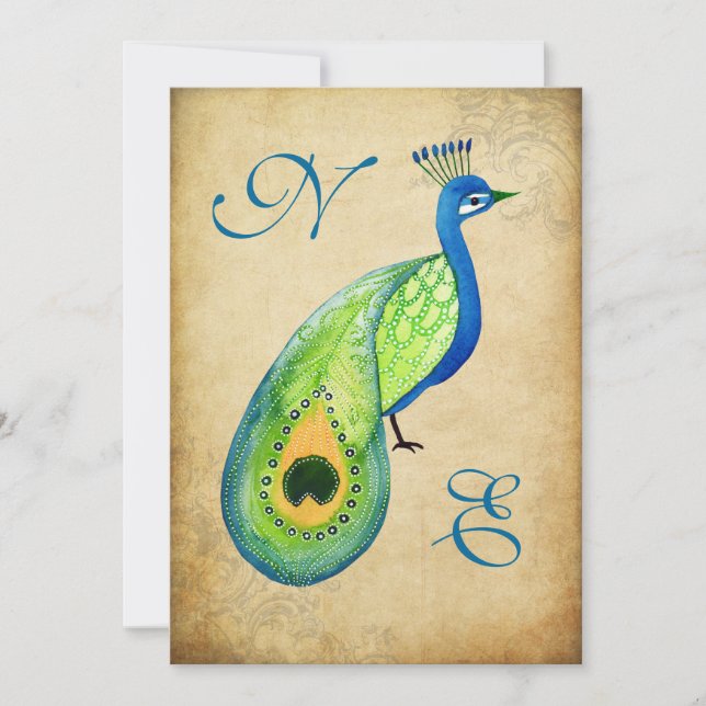 Invitación a un monograma Boda de Peacock Flourish (Anverso)