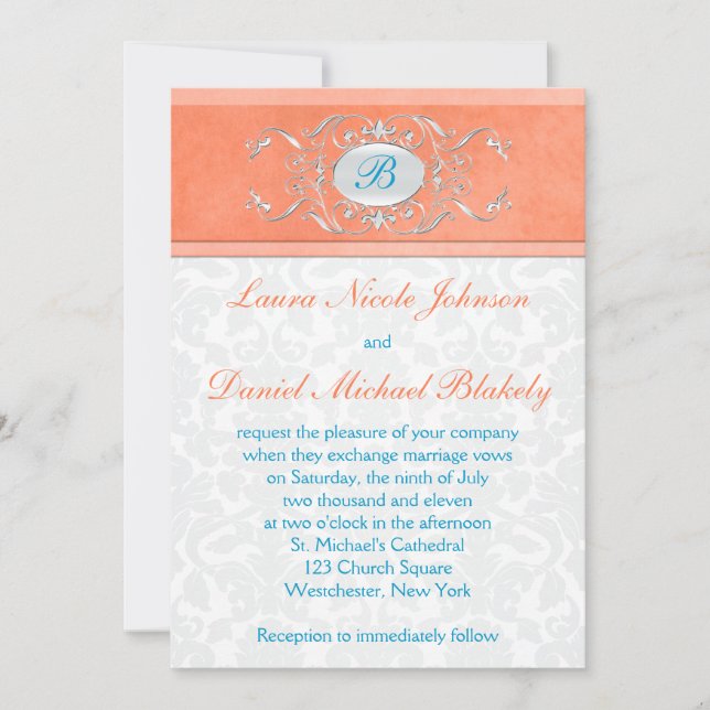 Invitación a un monograma de coral, azul acuático, (Anverso)