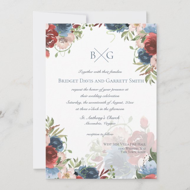 Invitación a un monograma floral borgoñoso y azul (Anverso)