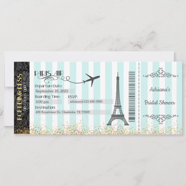 Invitación a un pase de París, cumpleaños, novia (Anverso)