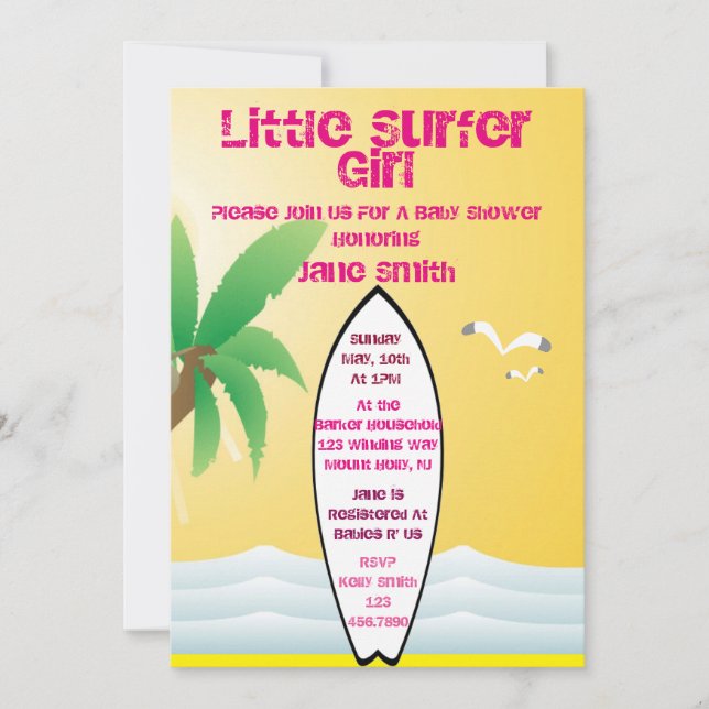 Invitación a un pequeño Chica surfista en Baby Sho (Anverso)
