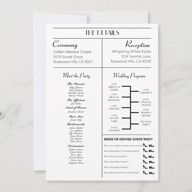 Invitación a un periódico boda con el programa (Reverso)