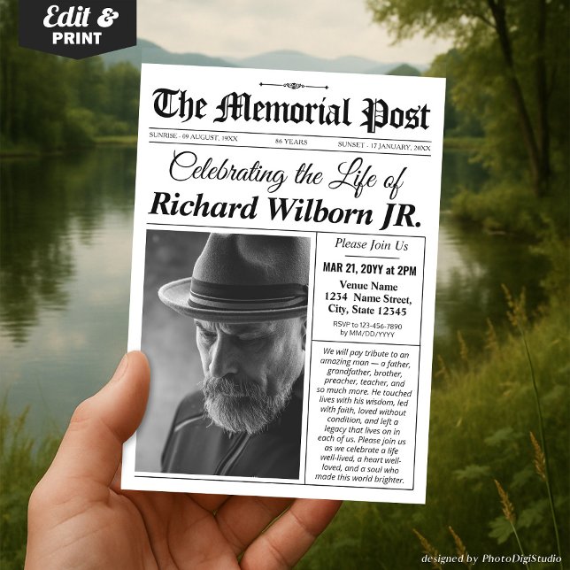Invitación a un periódico para un funeral conmemor (Memorial Invitation Funeral  Newspaper Invite Celebration of Life Invitation Card)