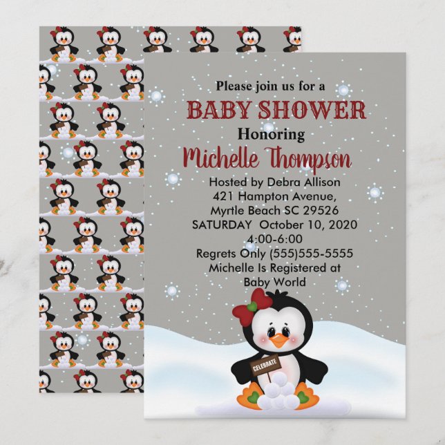 Invitación a un pingüino de invierno/cumpleaños (Anverso / Reverso)