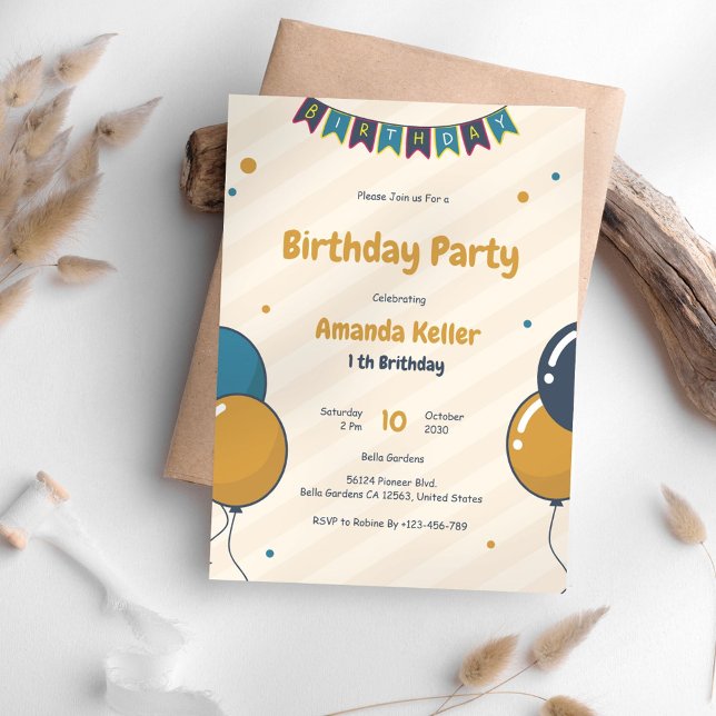 Invitación a un primer cumpleaños de Cute Balloon (Subido por el creador)