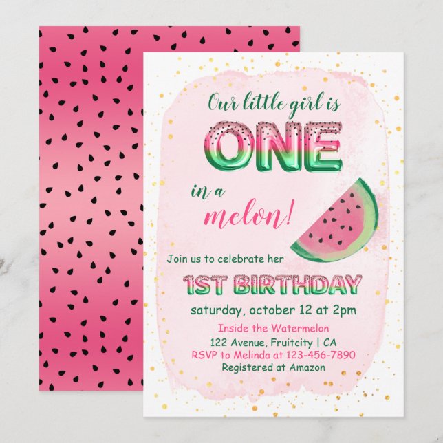 Invitación a un primer cumpleaños de Melon Girly (Anverso / Reverso)