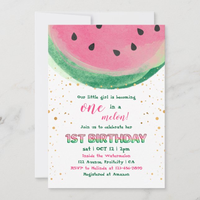 Invitación a un primer cumpleaños de Melon Girly (Anverso)