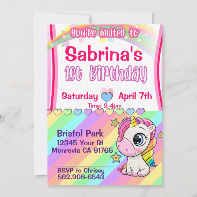 Invitación a un primer cumpleaños de unicornio (Anverso)