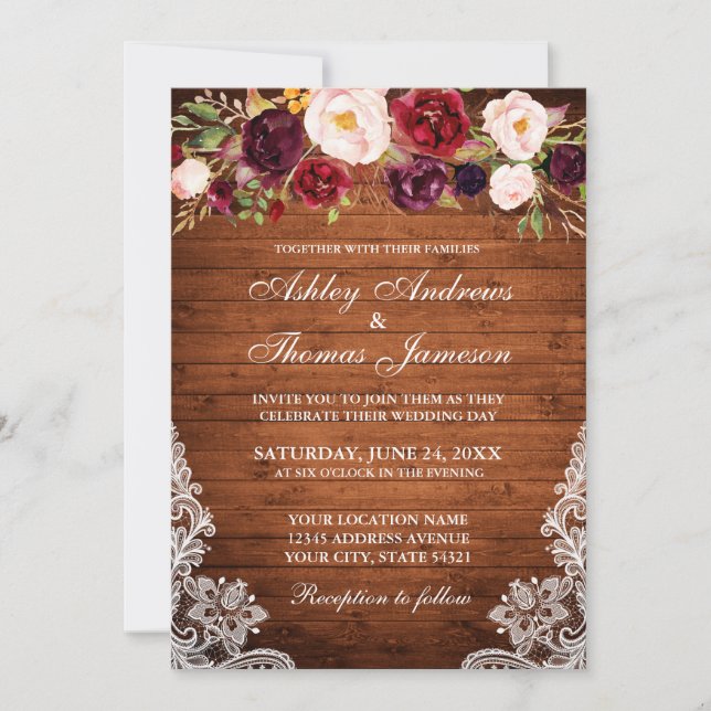 Invitación a un Rustic Boda Floral Wood Lace (Anverso)