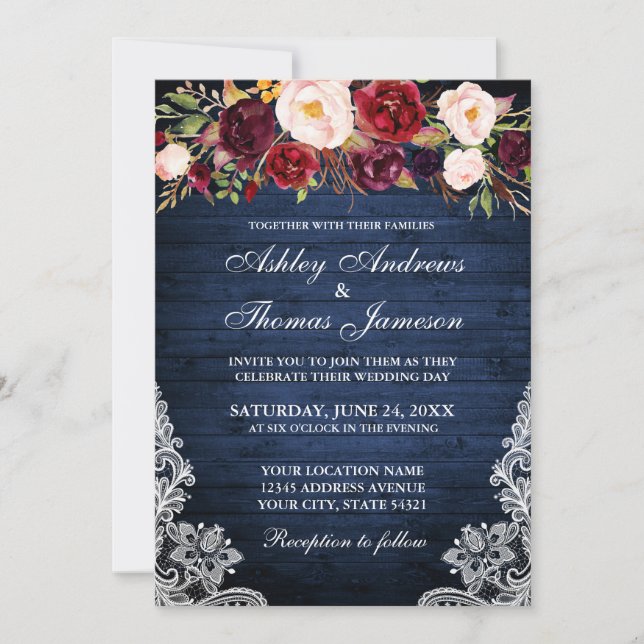 Invitación a un Rústico Boda Floral Blue Wood Lace (Anverso)
