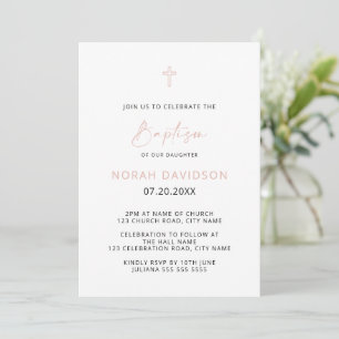 Invitación a un simple bautismo de cruz gris rosad