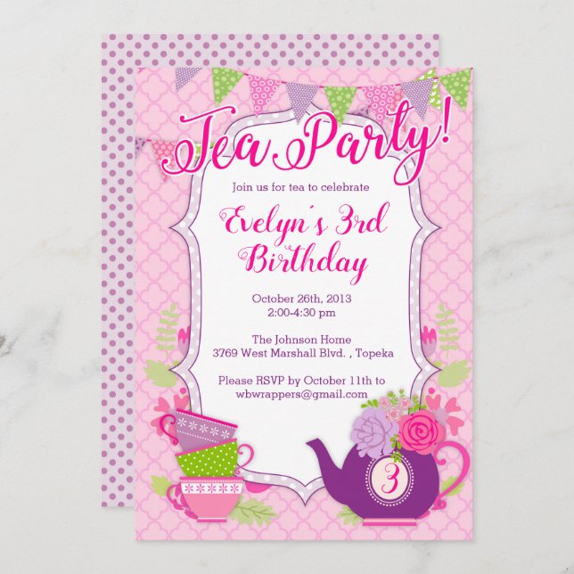 Invitación a un Tea Party o a un Fiesta de Tea par (Anverso / Reverso)