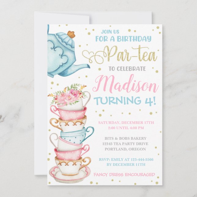 Invitación a un Tea Party Tea Fiesta Birthday Invi (Anverso)