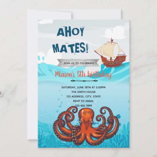 Invitación a un tema náutico pirata kraken (Anverso)