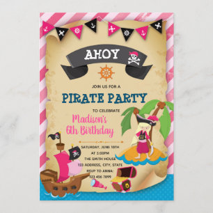 Invitación a un tema pirata chica rosa