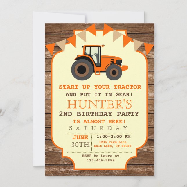 Invitación a un tractor naranja, cumpleaños de la  (Anverso)