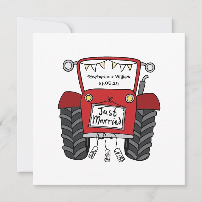 Invitación a un tractor rojo de casamiento con per (Anverso)