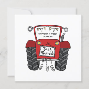 Invitación a un tractor rojo de casamiento con per