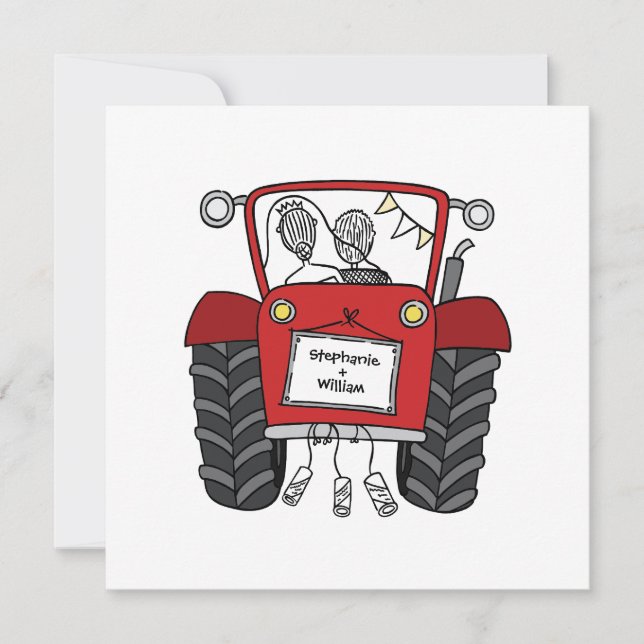 Invitación a un tractor rojo de casamiento con per (Anverso)