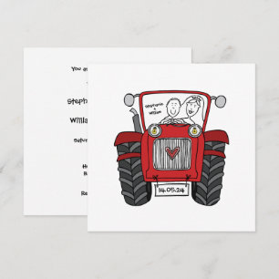Invitación a un tractor rojo de casamiento con per