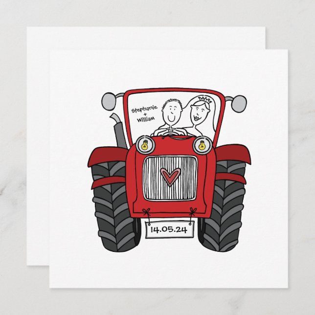 Invitación a un tractor rojo de casamiento con per (Anverso / Reverso)