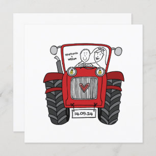 Invitación a un tractor rojo de casamiento con per