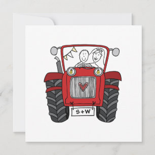 Invitación a un tractor rojo de casamiento con per