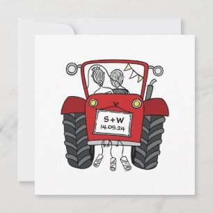 Invitación a un tractor rojo de casamiento con per