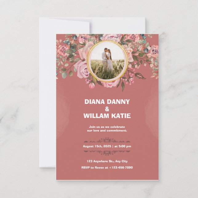 Invitación a una boda acuarela con flores rojas (Anverso)