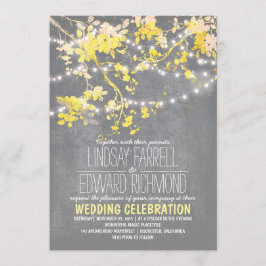 Invitación a una boda amarilla gris con luces de c