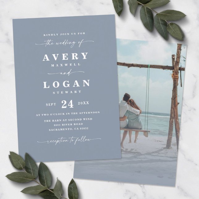 Invitación a una boda azul turbia simple con foto (Subido por el creador)