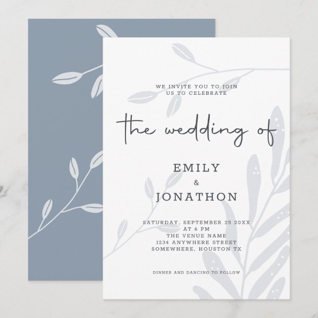 Invitación a una boda azul turbia y simple de foll (Anverso / Reverso)