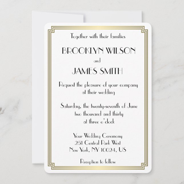 Invitación a una boda blanca de estilo Art Déco (Anverso)