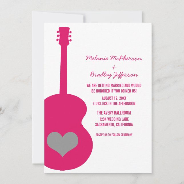 Invitación a una boda cardíaca con guitarra rosa/g (Anverso)