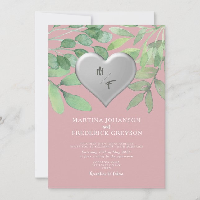 Invitación a una boda cardíaca en un monograma ver (Anverso)
