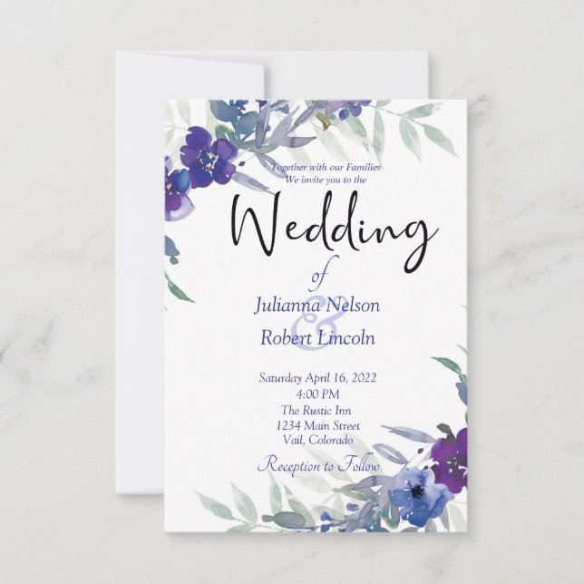 Invitación a una boda color azul y púrpura